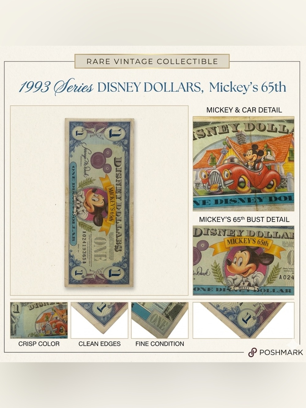 Disney Dollars Mickey 65th Anniversary Novelty Bill - Blue & Yellow Accents